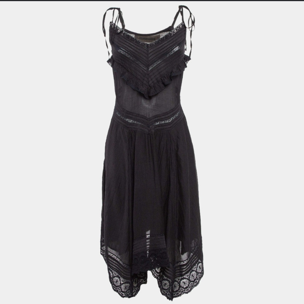 Zadig & Voltaire Black Lace Trim Cotton Rilli Asymmetric Midi Dress M